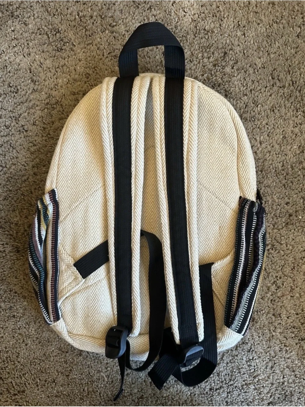 Himalayan Hemp Cream & Black Striped Canvas Backpack Made in Nepal